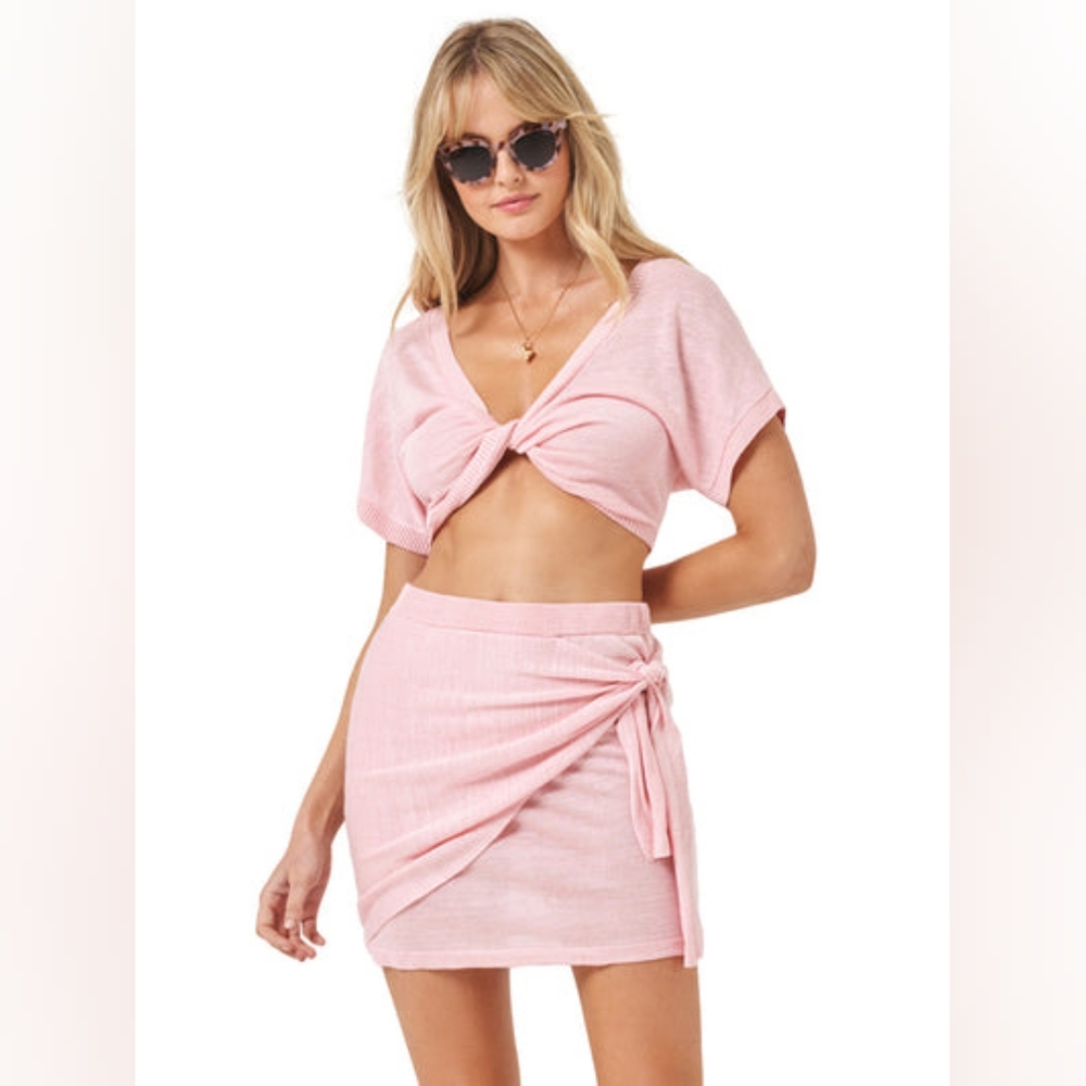 2pc Set Pink Knotted Crop Top+Skirt